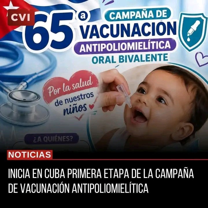 Hoy comienza en Cuba la campaña de vacunación contra la poliomielitis infantil. Constancia y voluntad política sostienen este logro: mantener al país libre de la enfermedad por décadas. Defender estos avances es resistir ante el bloqueo de EE.UU. #CubaVive #CubaNoEstaSola