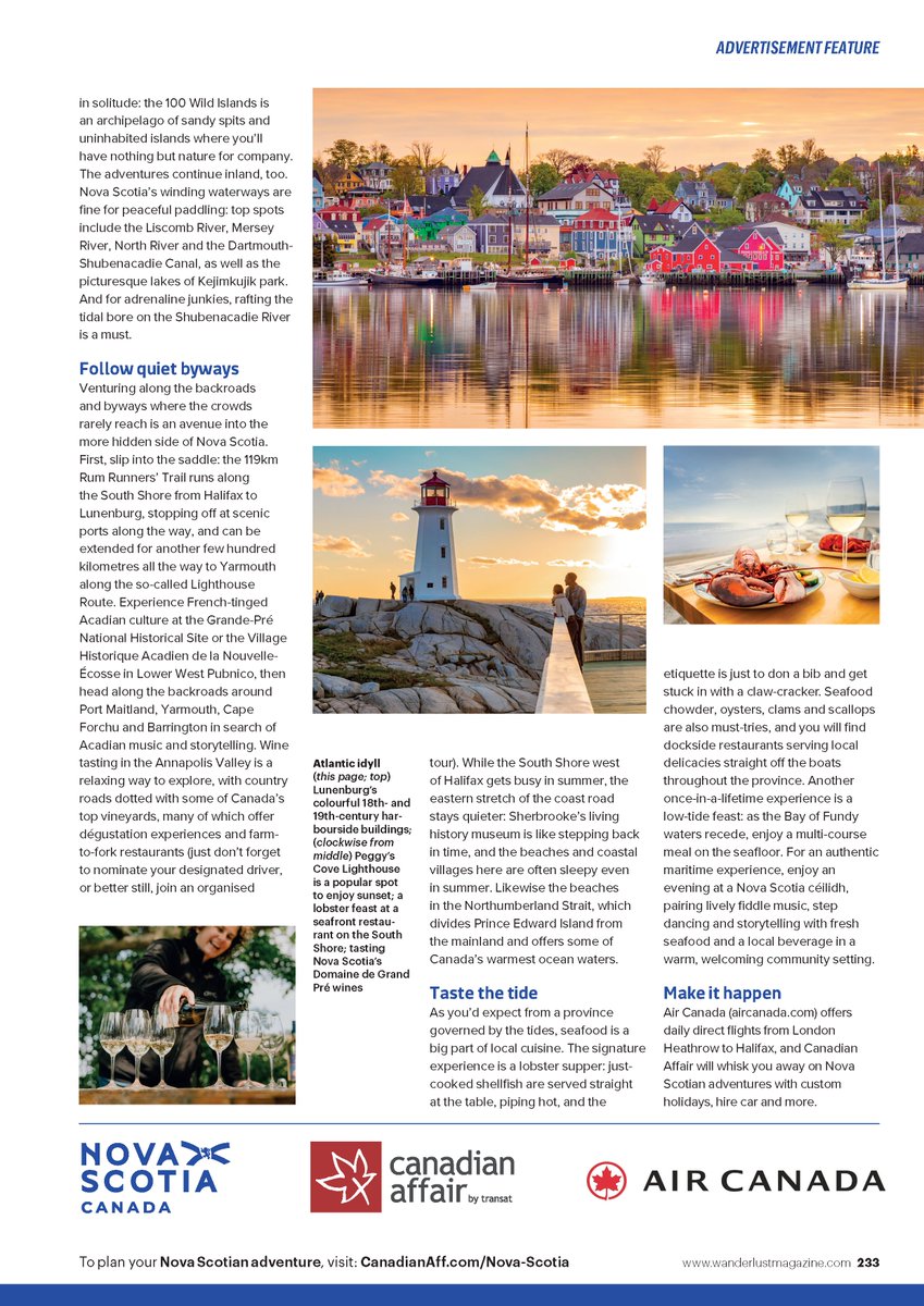 TourismNS's tweet photo. NS in @wanderlustmag  🇬🇧
A "Slower Kind Of Adventure" campaign with @AirCanada &amp; @CanadianAffair . This paid in-market initiative included a dedicated landing page, print features, social promotion, and a podcast episode featuring the Kilted Chef. 
🎧 https://t.co/eWReYMjuGj https://t.co/PdYsAH7JCb