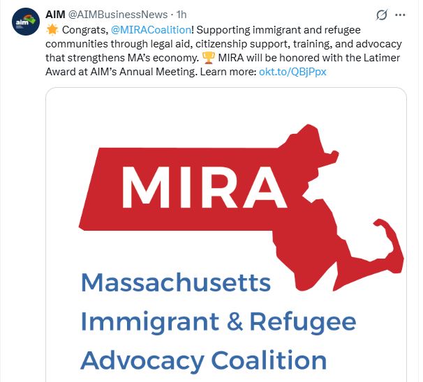 johnfgately's tweet image. Leading wage suppression organization @AIMBusinessNews bestows award on leading pro-invasion organization @MIRACoalition (and state contractor). #mapoli