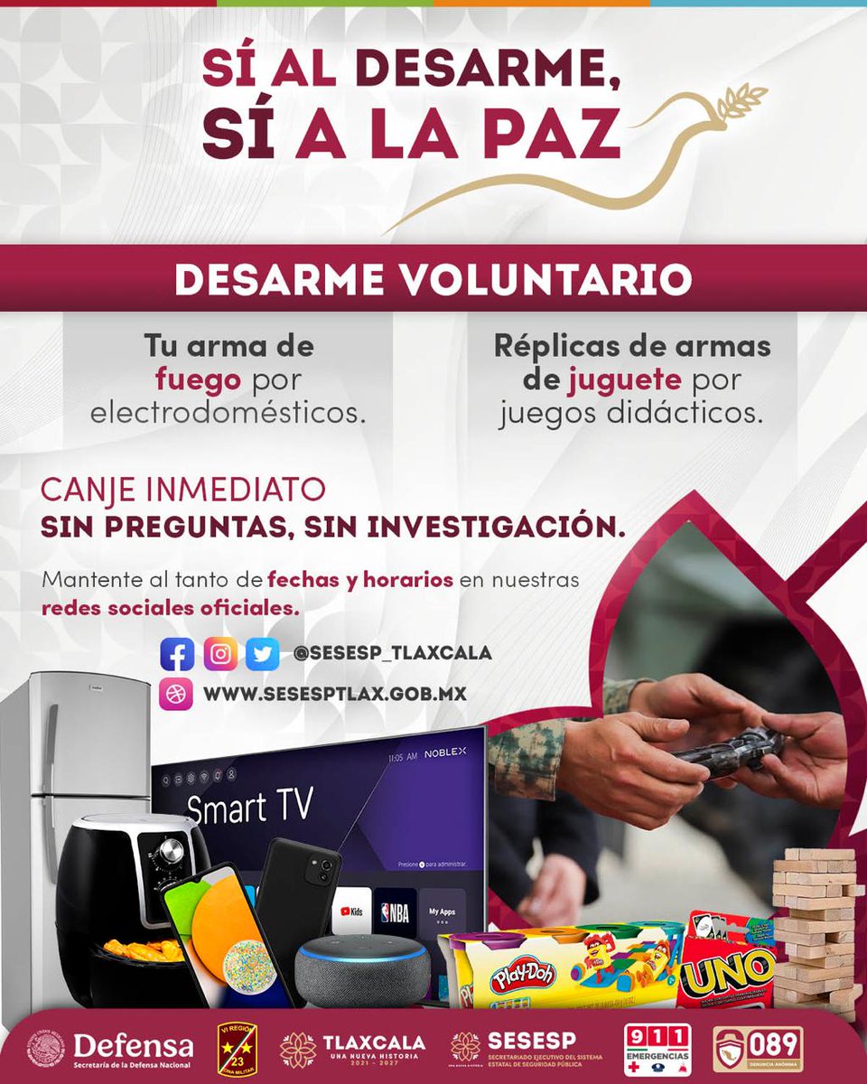 El Sesesp Tlaxcala invita a la ciudadanía a sumarse al programa 📷 “Sí al Desarme, Sí a la Paz”.
La entrega es anónima, segura y sin consecuencias legales. Cada arma 📷 canjeada es un paso firme hacia hogares más seguros y comunidades en paz.
#UnaNuevaHistoriaEnSeguridad