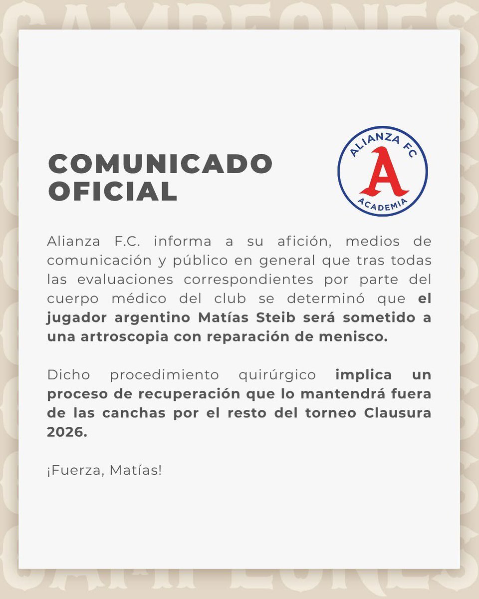 #FanáticosPlus | 🚨 El Alianza F.C. informó que el argentino Matías Steib será operado de menisco mediante artroscopia. 

Su recuperación lo dejará fuera el resto del Clausura 2026. 💪⚽️