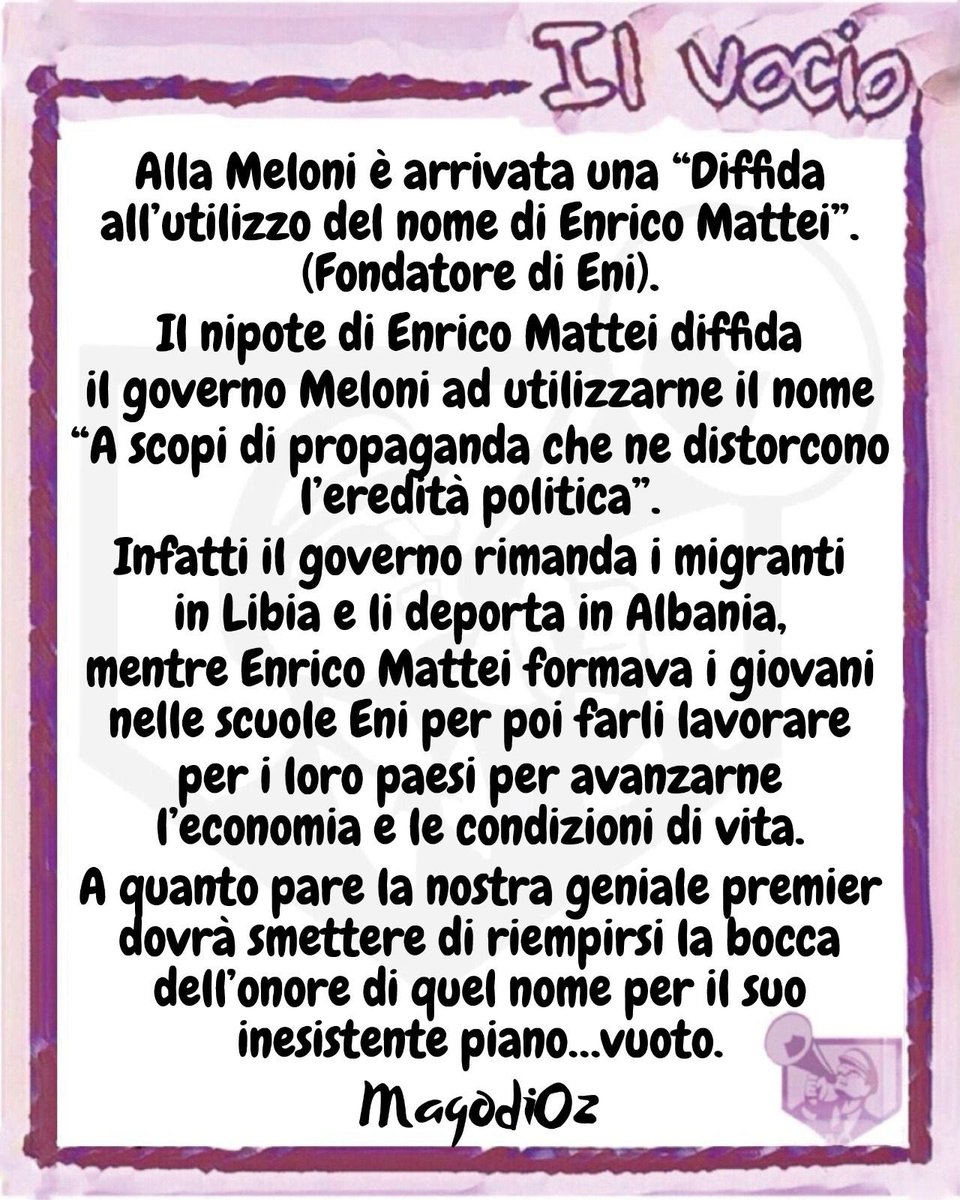 ilvocio's tweet photo. Mago DiOz #magodioz #ilvocio #Meloni #erediMattei #Eni #pianoMattei #Africa #onore #diffida #Nome #appropriazione #GovernoMeloni https://t.co/wPeCRCZCF2
