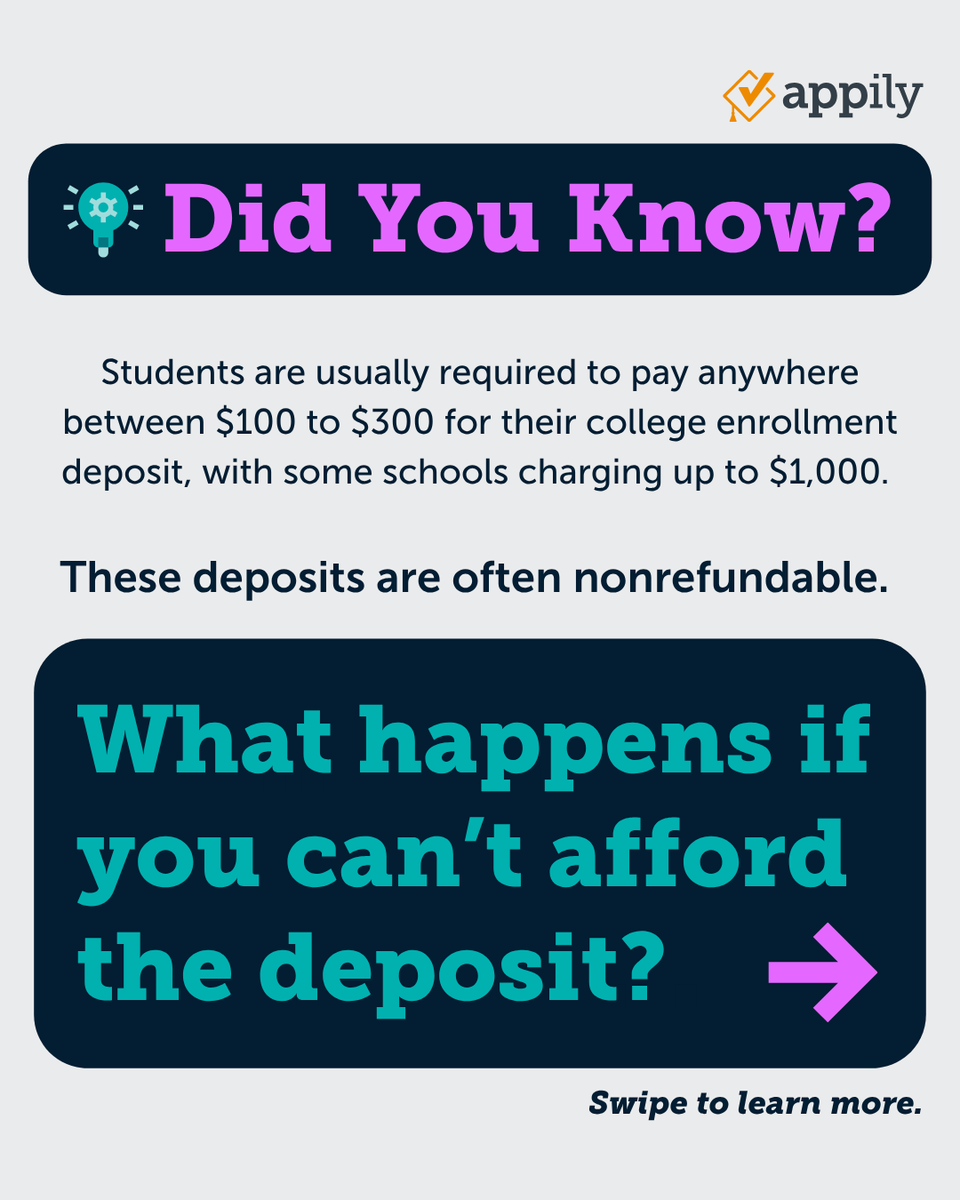 AppilyCom's tweet image. If you believe you may be eligible for a waiver, ask the admissions office about a deposit waiver or a deposit deferral. If you received an application fee waiver, mention that (it often helps). 

#collegedecision #decisionday #depositwaiver #depositdeferral