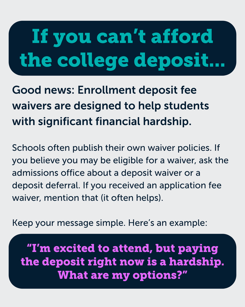 AppilyCom's tweet image. If you believe you may be eligible for a waiver, ask the admissions office about a deposit waiver or a deposit deferral. If you received an application fee waiver, mention that (it often helps). 

#collegedecision #decisionday #depositwaiver #depositdeferral