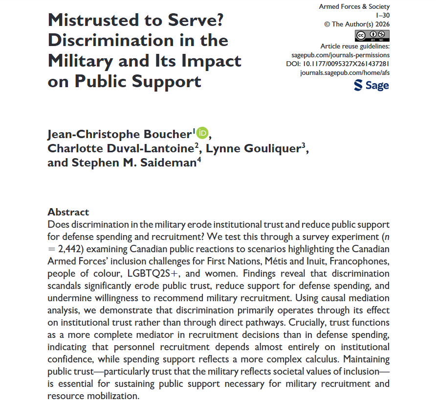 AFS_SAGE's tweet photo. New article in #OnlineFirst! Mistrusted to Serve? Discrimination in the Military and Its Impact on Public Support - Jean-Christophe Boucher, Charlotte Duval-Lantoine (@CharlotteDuLan), Lynne Gouliquer (@LynneG16), Stephen Saideman, 2026 #OpenAccess https://t.co/iUev2PtwFu https://t.co/ZLIY4OlKFu