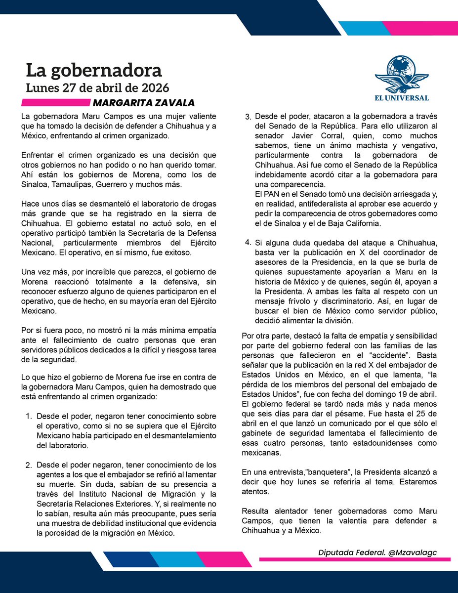 La gobernadora <a href="/MaruCampos_G/">Maru Campos</a> es una mujer valiente que ha tomado la decisión de defender a #Chihuahua y a #México, enfrentando al crimen organizado. Resulta alentador tener gobernadoras como ella, que toma decisiones que otros gobiernos no han podido o no han querido tomar.

Les