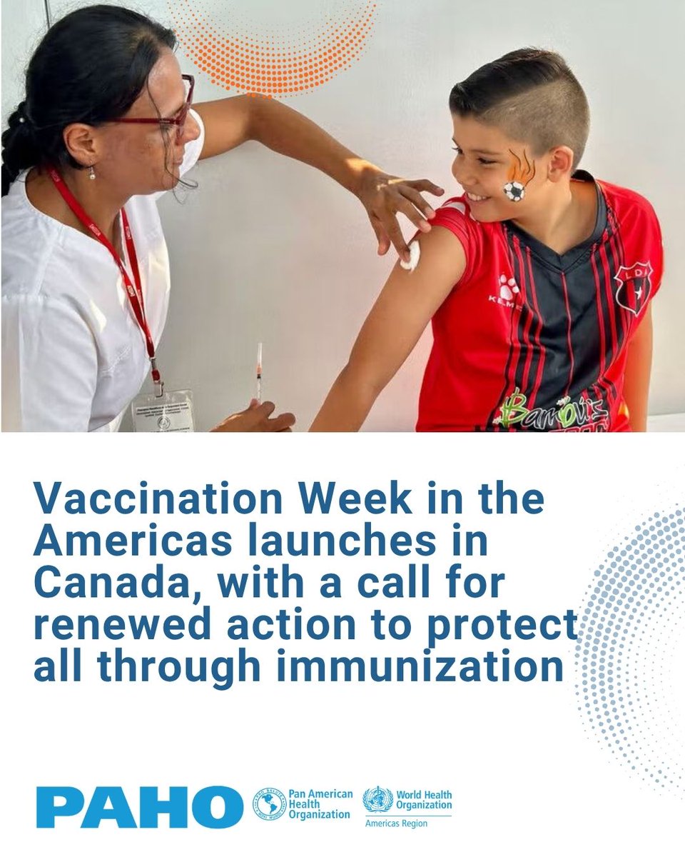 pahowho's tweet photo. 🌎 Vaccination Week in the Americas 2026 was launched this morning in 🇨🇦 Canada—marking the first time the regional campaign has been inaugurated there. A call to close immunization gaps and protect all.
ℹ️ Read more: https://t.co/seoEQgCIad
#VWA2026 #ImmunizationForAll https://t.co/punBiqrxME