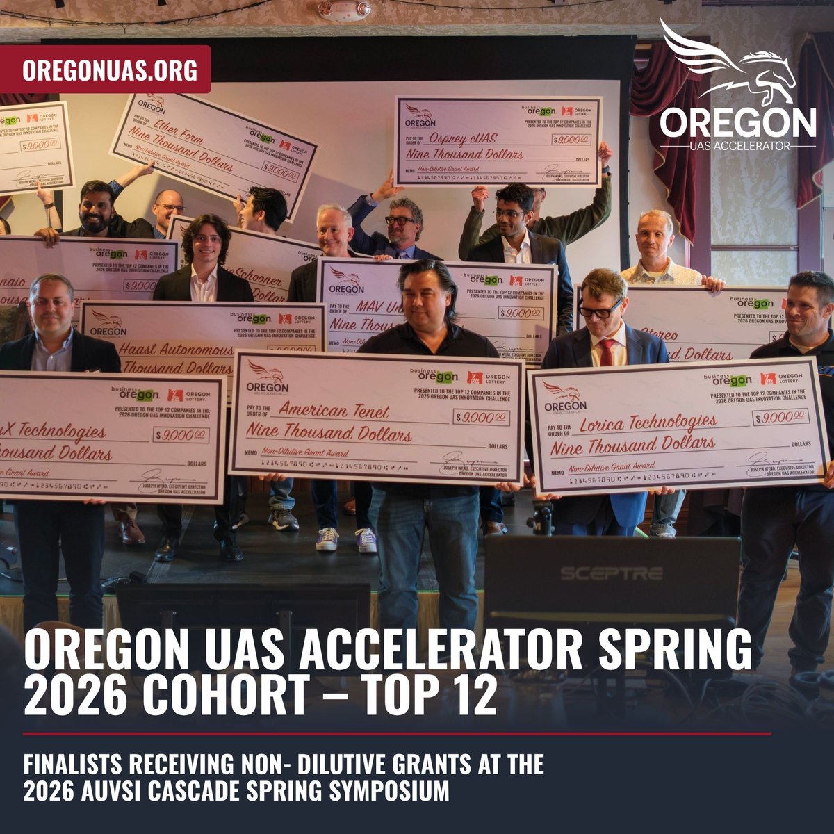 OregonUAS's tweet photo. Honored to bring 12 finalist startups to the stage at the 2026 Oregon UAS Innovation Showcase in Pendleton. Grateful for our judges, @CascadeAUVSI , @PDT_UAS , @BusinessOregon, and @oregon_lottery for making it possible.

Full story: https://t.co/DWvlFDtjkH https://t.co/VfE3bHGxnf