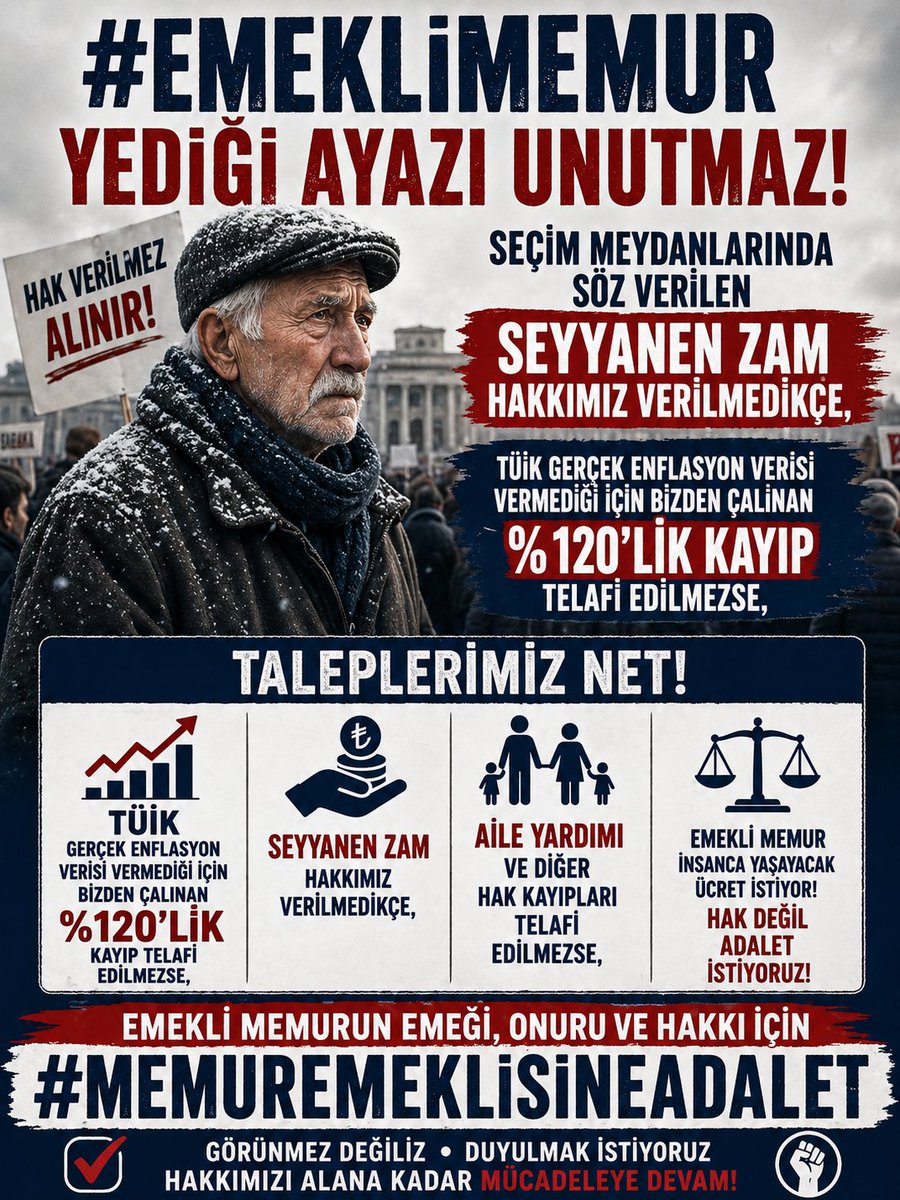 Emekli memur sahipsiz değildir! ⚖️

​Seyyanen zam sözü tutulsun, %120’lik kayıp telafi edilsin. Emeklimizin haklı mücadelesinde yanındayız. Sadaka değil, ADALET istiyoruz! ✊

​#MemurEmeklisineAdalet #Emekli #Adalet