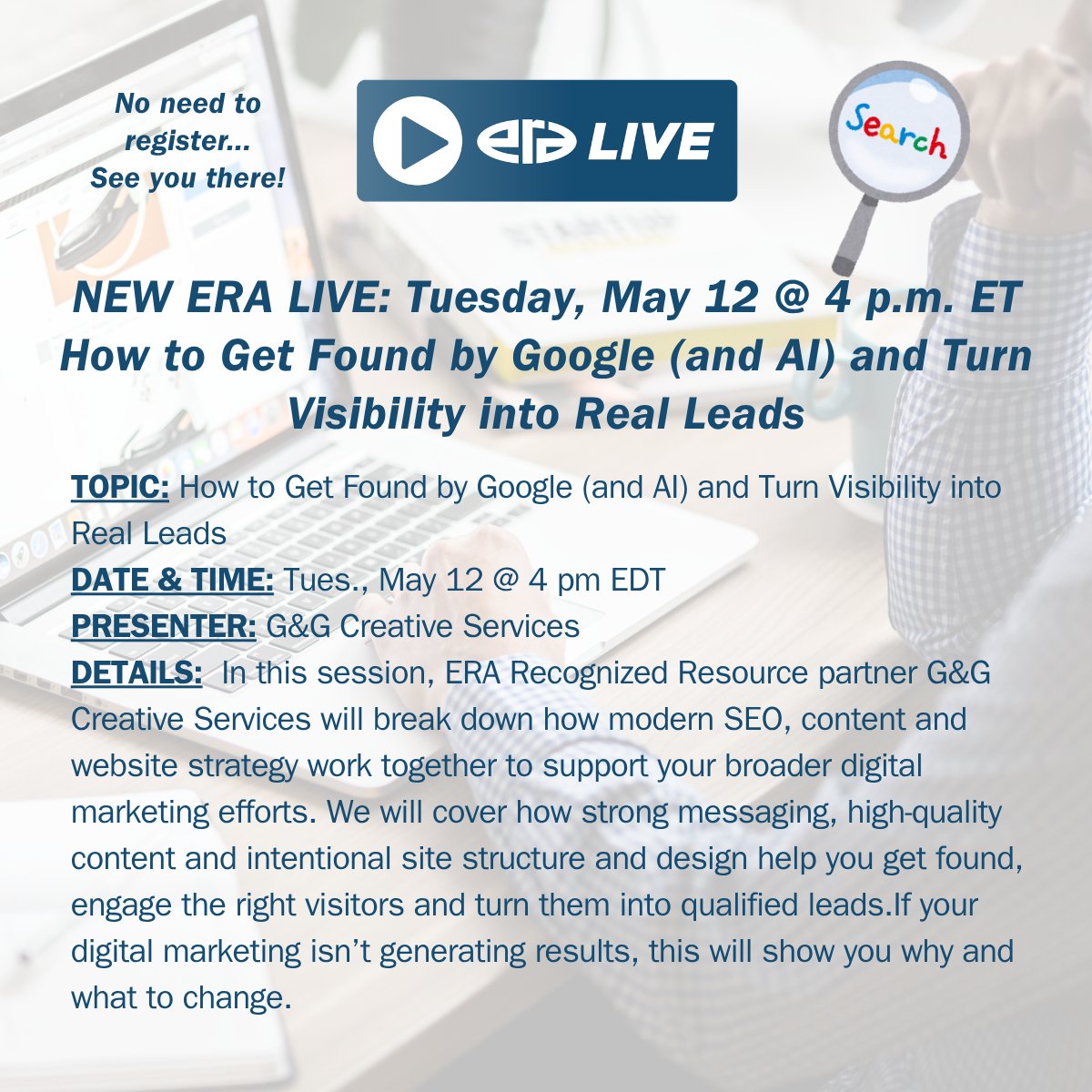 era_org's tweet photo. Join us for ERA LIVE on Tues. 5/12 at 4 p.m. ET where we will dive deep into the Google and AI search and visibility! G&amp;G Creative NYC will break down how SEO, intentional content &amp; site design work together to fuel your digital marketing engine.

Details: https://t.co/FB0kvMK76u https://t.co/V30TYEzBun