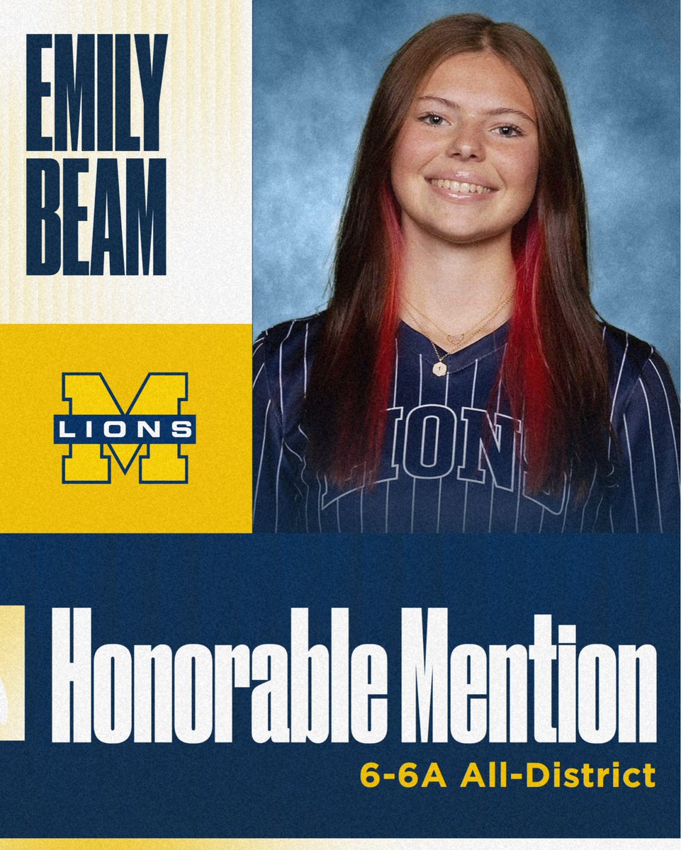 MHSLionsSB's tweet image. Congratulations to Emily Beam for earning 6-6A Honorable Mention All-District! We are so proud of you!  

#opportUNITY 💙
#GoldStandard 〽️

@mhslions @coachleonardtx