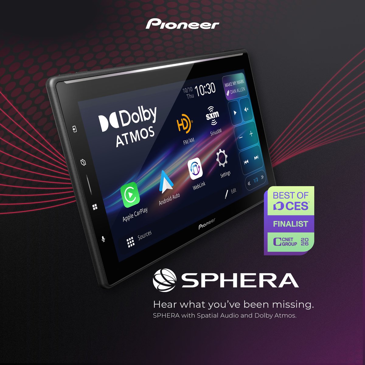 PioneerUSA's tweet photo. SPHERA brings Spatial Audio and Dolby Atmos to your car centered around you. Seamless connectivity. Immersive control. Everything at your fingertips.
Best of CES Finalist (CNET)
Explore SPHERA: https://t.co/P91x32JuLw
#PioneerSPHERA #SpatialAudioForAll https://t.co/o5MoBmEj82