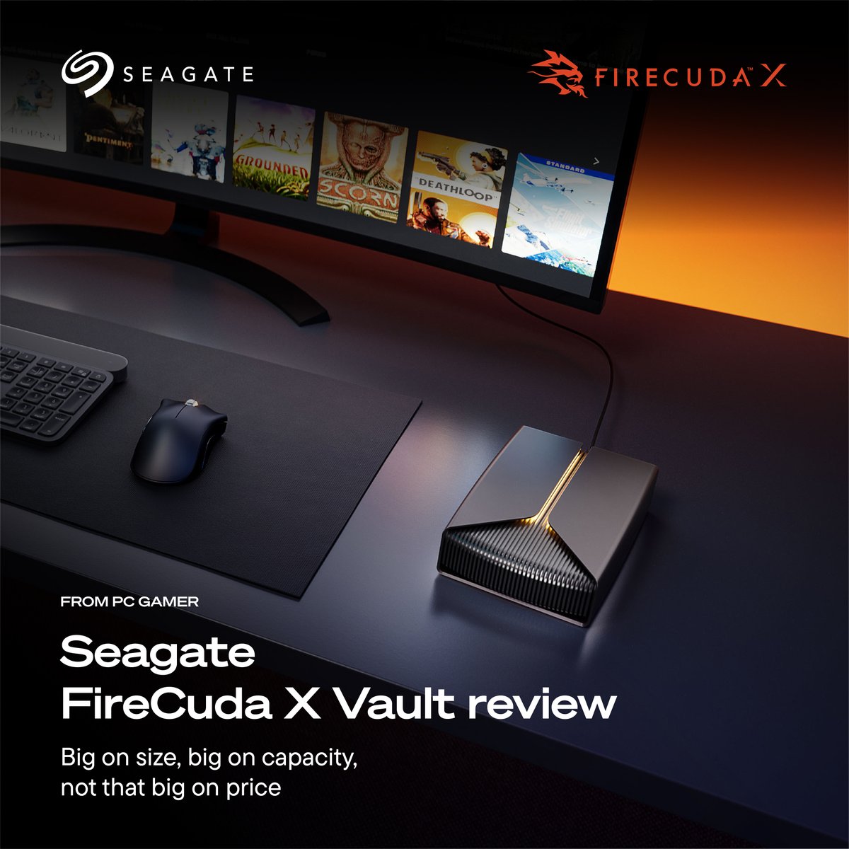 Seagate's tweet image. Big libraries. Bigger clips. One cable. 🎮
The FireCuda X Vault expands storage for #gamers and #streamers with bus‑powered USB‑C + up to 20TB… with no wall adapter. 🙌
Check out the full review in @PCGamer: seagate.media/6014vGgWp