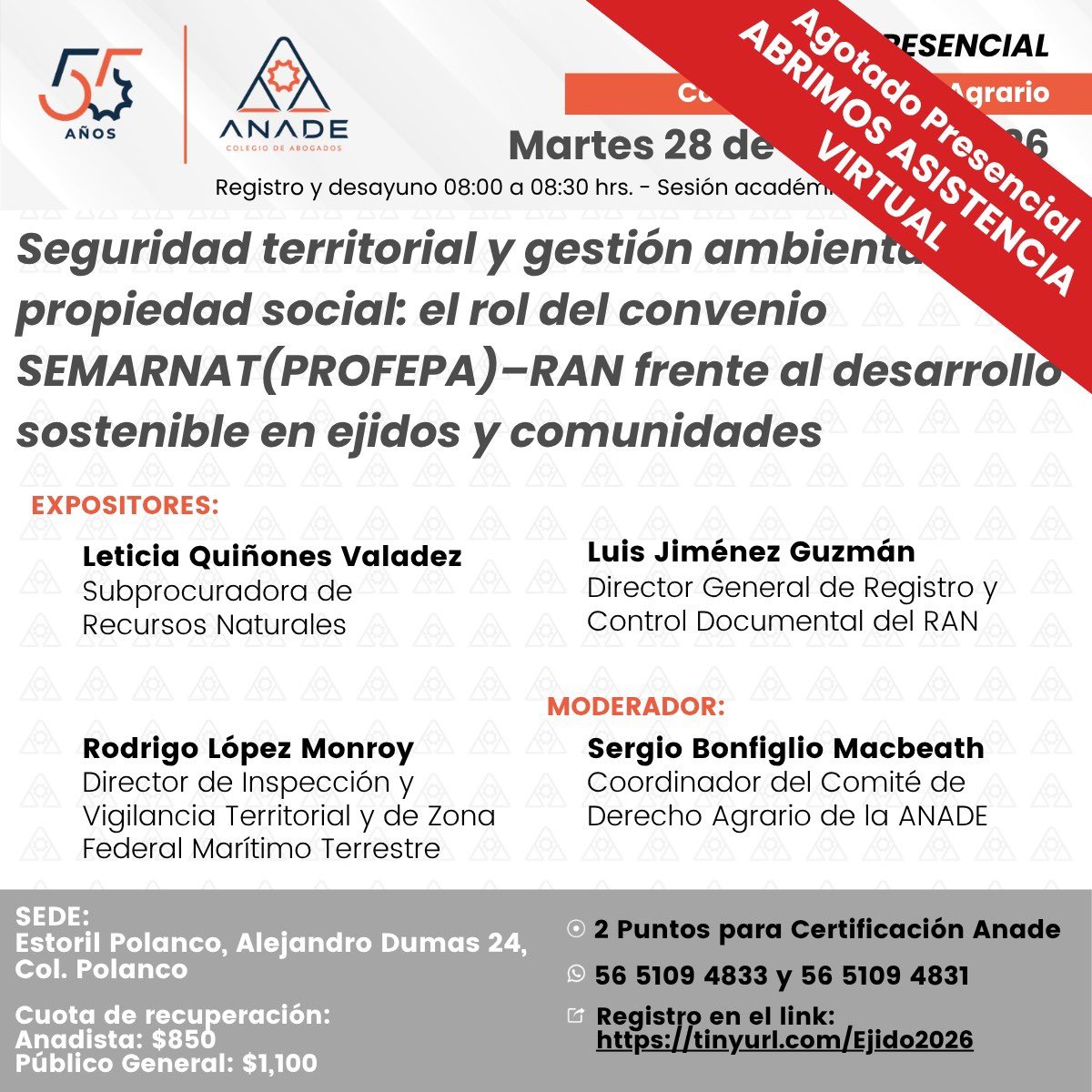 Evento agotado , abrimos presencial,  gracias por su interés en este tema tan relevante en la actualidad.<a href="/ANADEcolegio/">ANADE Colegio</a> <a href="/PROFEPA_Mx/">PROFEPA</a> <a href="/SEMARNAT_mx/">SEMARNAT México</a> <a href="/RAN_Nacional/">Registro Agrario Nacional</a>