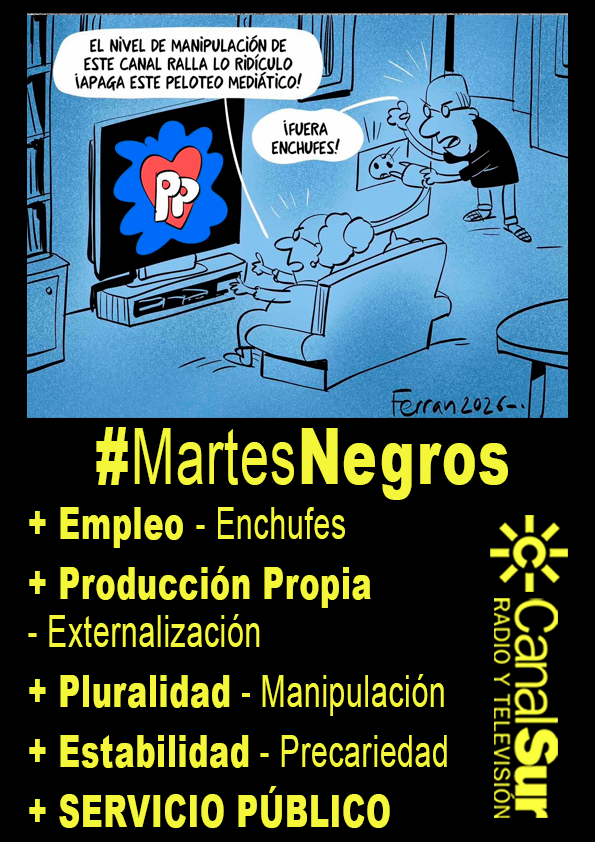 #MartesNegros <a href="/canalsur/">CanalSur</a>
+Empleo -Enchufes
+Producción Propia -Externalización
+Pluralidad -Manipulación
+Estabilidad -Precariedad
+Servicio Público
Nos concentramos vestidos de negro para defender el #ServicioPúblico de radiotelevisión #Andalucía
Gracias a bsky.app/profile/ferran…