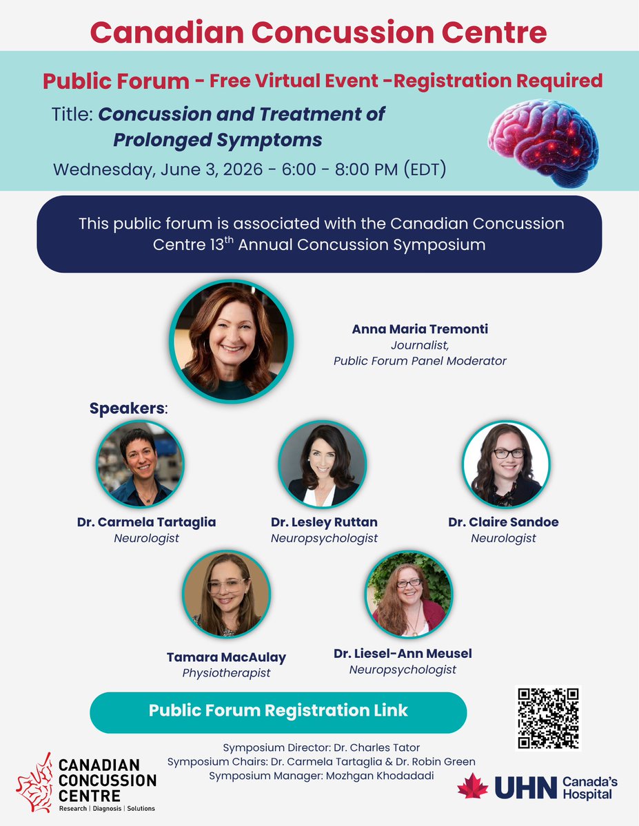 UHNconcussions's tweet image. Join our FREE virtual Public Forum on Concussion &amp;amp; Treatment of Prolonged Symptoms on June 3, 6–8 PM (ET). Hear from expert speakers and a panel moderated by Anna Maria Tremonti. Open to all. events.myconferencesuite.com/ConcussionPubl…

#PatientEducation #Caregivers #HealthcareProfessionals