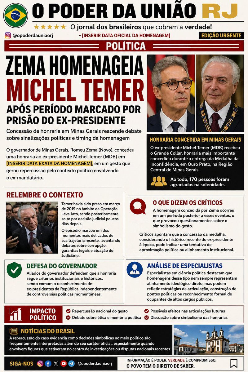 juliofrank's tweet photo. @allanconta5 Zema homenageia Temer após prisão e reacende debate sobre gesto político. Medalha concedida em MG levanta questionamentos sobre timing, simbolismo e possíveis articulações, enquanto aliados defendem caráter institucional da honraria @RevistaTL @allanconta5 #Zema #Temer #Política https://t.co/JhtmlkeXvz