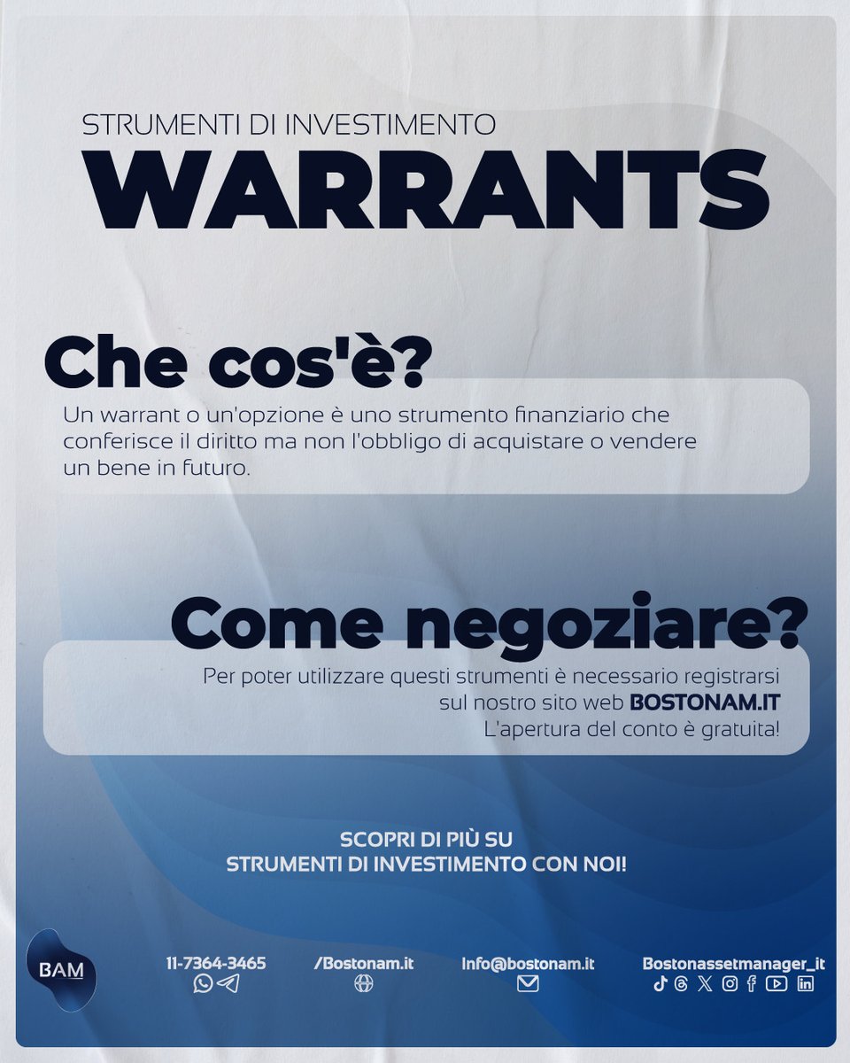 Assetboston_it's tweet photo. Cos'è un Warrant? 
Un Warrant è uno strumento che offre la possibilità di acquistare o vendere un determinato bene in futuro. 

Scopri di più dal nostro sito web https://t.co/0t8fGIgT4g 

#italia #denaro #risparmio #finanza #inflazione #capitale #borsa #investimenti #azioni https://t.co/bREseVMNdY