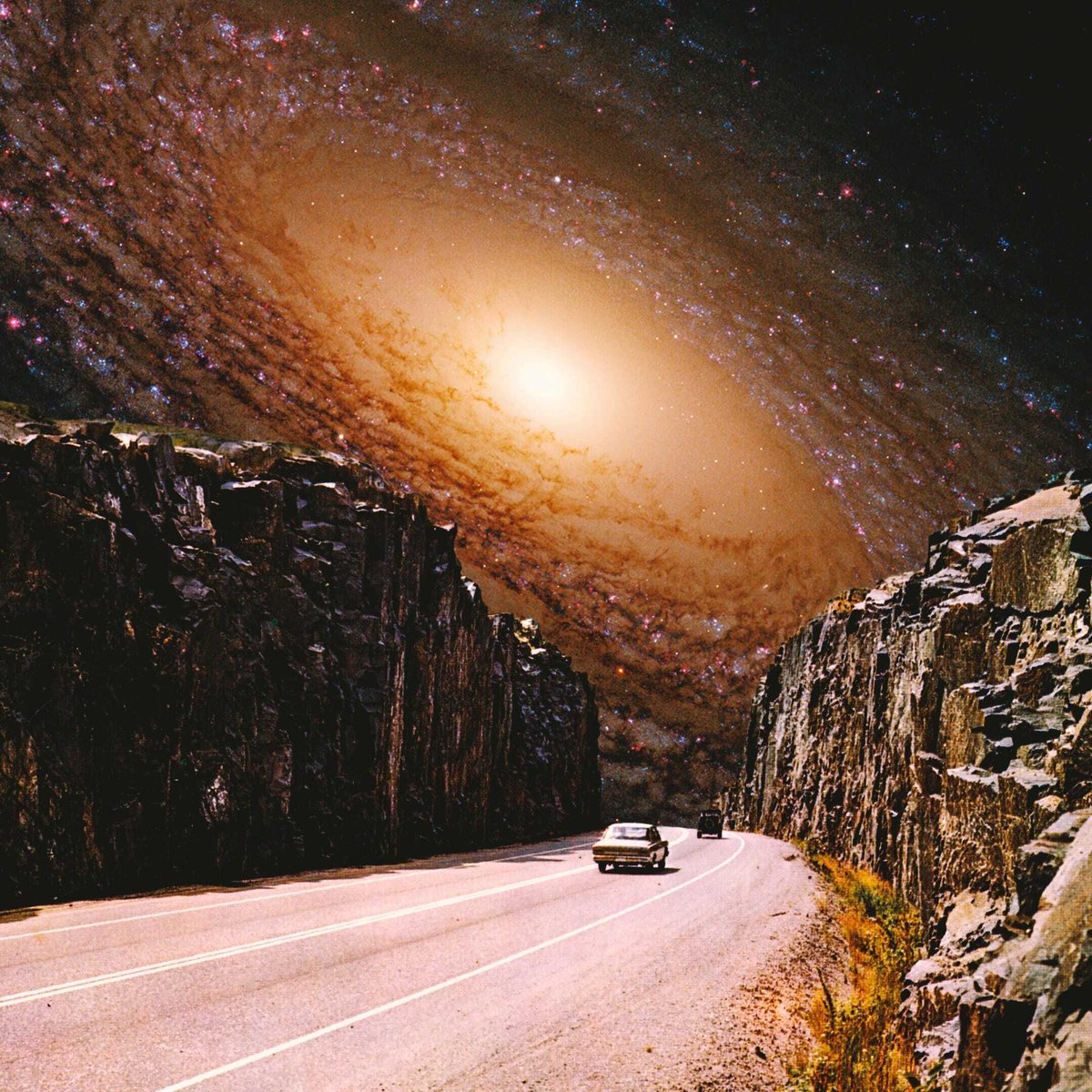 taudalpoi's tweet image. Galactic Byway 🚀

A roadside canyon opens to a haloed galaxy — tonight's commute becomes a corridor into old light

Retro-futurist collage by Taudalpoi 🚀 Follow for more space art and collage explorations ✨ #Retrofuturism #SpaceArt #CollageArt #SpaceCollage