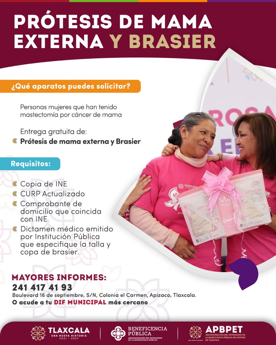 Si eres una mujer que tuvo mastectomía por cáncer de mama 📷, te apoyamos con la entrega gratuita de prótesis.
Cumple con los requisitos, te acompañamos en el proceso.
📷 Pide informes al 242 41 7 41 93 o visita tu DIF municipal.
#UnaNuevaHistoria 📷 #GobiernoDeTlaxcala
