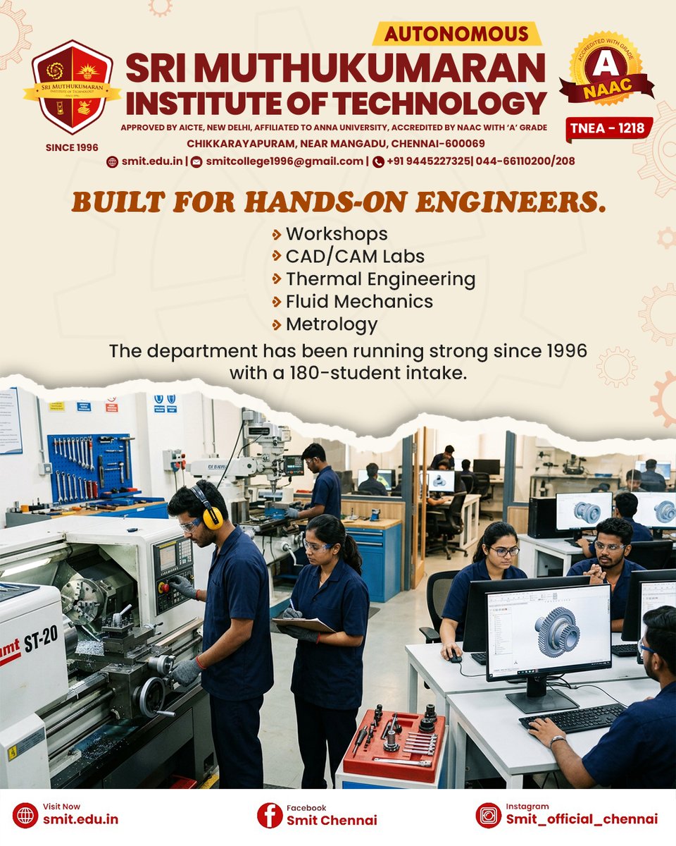 official44454's tweet image. Build Things That Move The World 🌍

Admissions Open 2026–2027 📍 TNEA Code: 1218 📞 Call: +91 94452 27325 🌐 Apply: smit.edu.in 

#SMIT #MechanicalEngineering #Engineering2026 #Robotics #CoreEngineering #ChennaiEngineers #TNEA1218