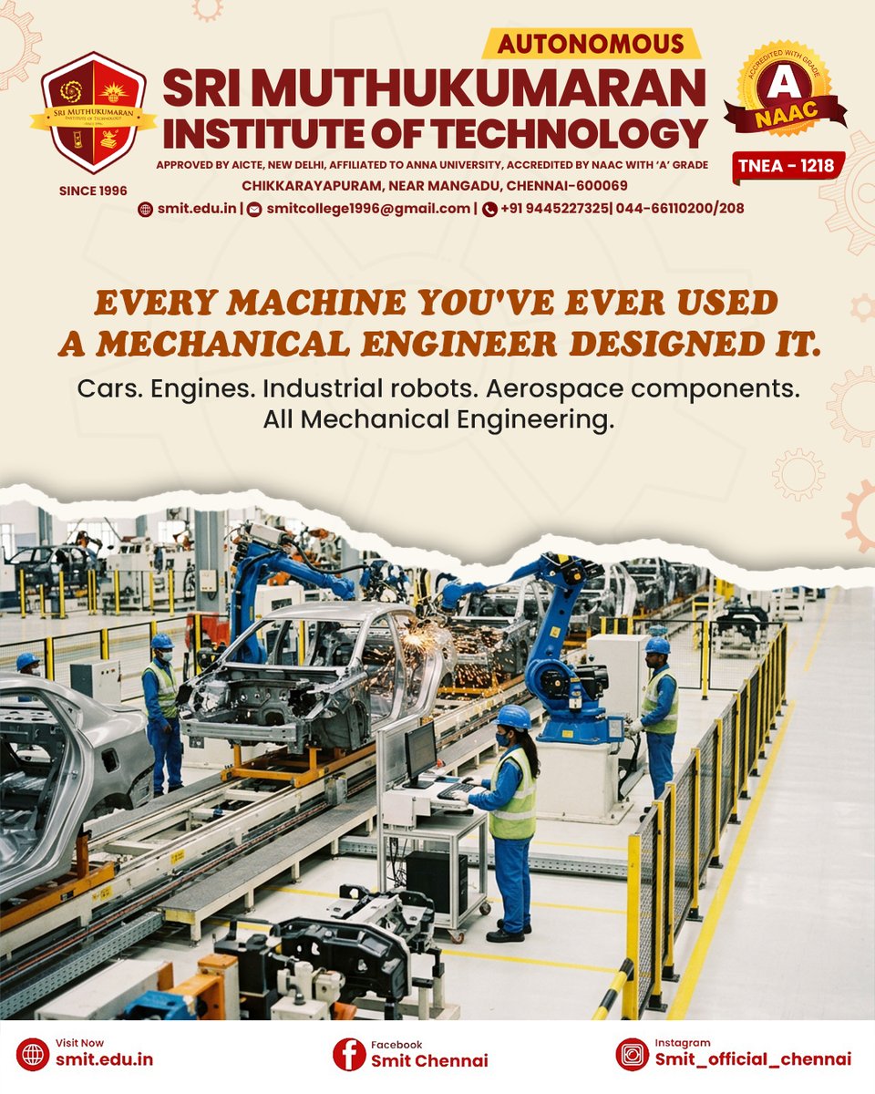 official44454's tweet image. Build Things That Move The World 🌍

Admissions Open 2026–2027 📍 TNEA Code: 1218 📞 Call: +91 94452 27325 🌐 Apply: smit.edu.in 

#SMIT #MechanicalEngineering #Engineering2026 #Robotics #CoreEngineering #ChennaiEngineers #TNEA1218