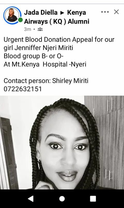 Urgent Blood Donation Appeal: 

Name: Jennifer Njeri Miriti
Hospital: Mt. Kenya Hospital - Nyeri 
Blood Group: B- or O-