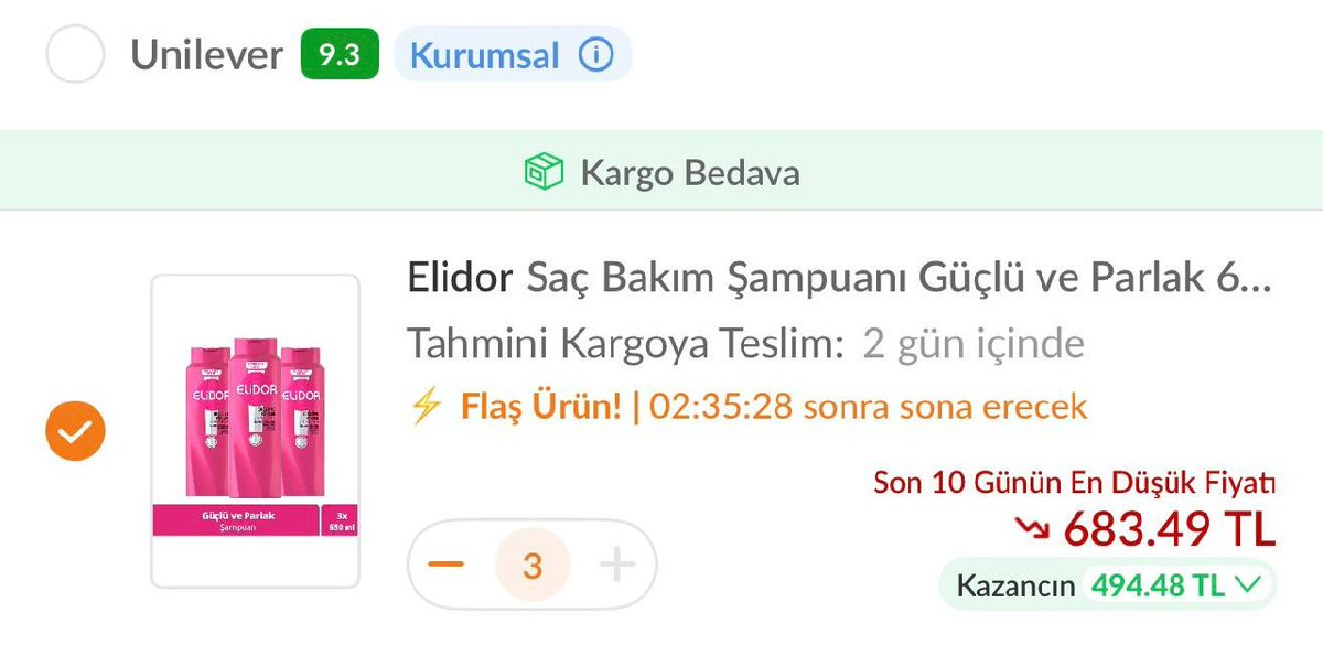 tasarrufluharca's tweet photo. Çabuk şunu alın. Tanesi 75 liraya geliyor. En büyük boy.

800’e 200 indirim kodu: SEVDIGIM200

🌟 Elidor Saç Bakım Şampuanı Güçlü ve Parlak 650 ml x3

🏷️ 227 TL (3 adet alımda, SEVDIGIM200 koduyla)
🎁 https://t.co/hxGd1YKtVQ

🛍️ #işbirliği Trendyol - (Satıcı: Unilever) https://t.co/v6KEEVubuh