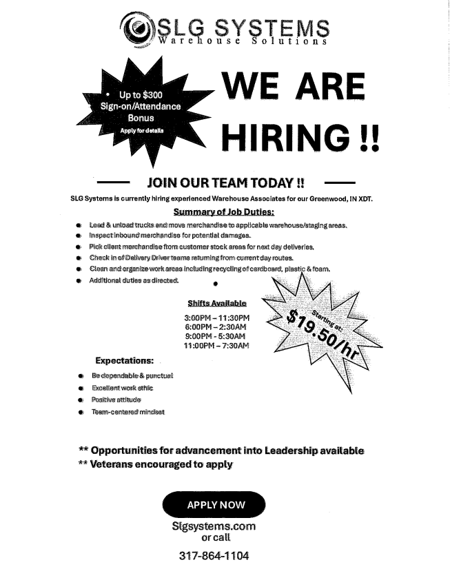 SLG Warehouse is Hiring!  Experience may not be required.
