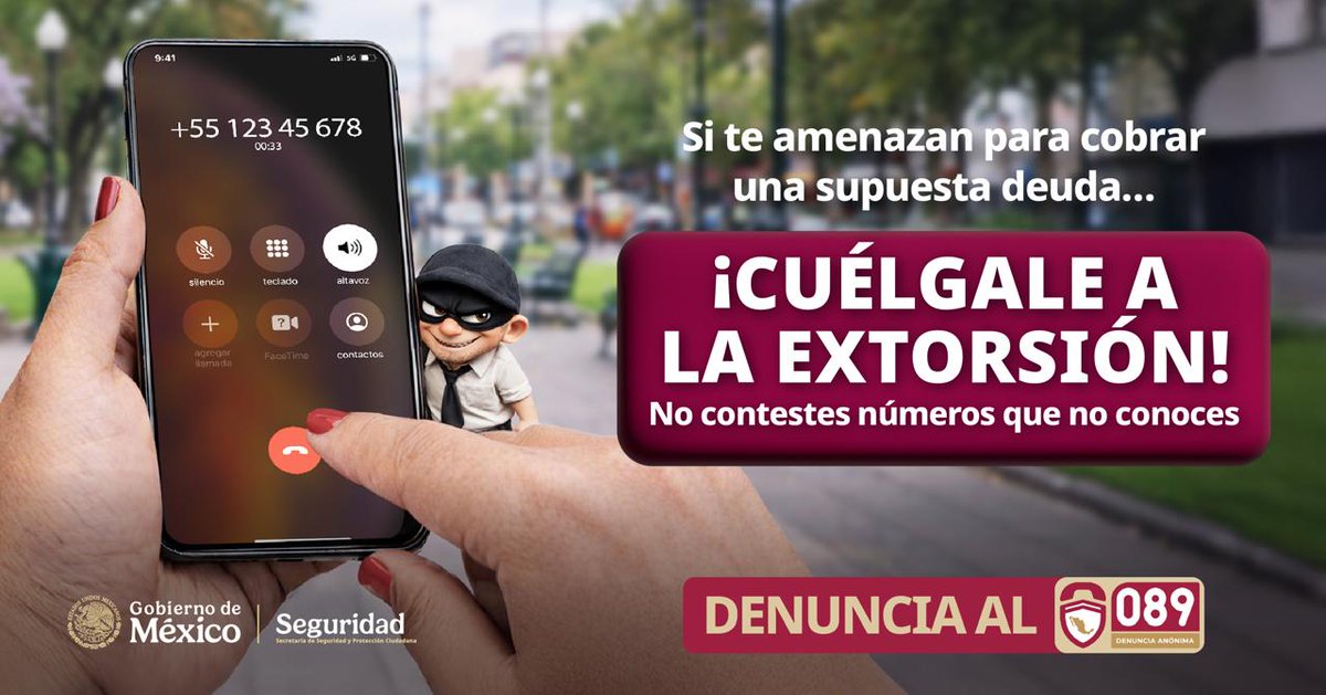 📷 ¡Cuélgale a la extorsión! 📷
Si llaman para amenazarte y cobrar una supuesta deuda...
Mantén la calma, no sigas la conversación. 📷 Cuelga, bloquea y denuncia al 089.
#TlaxcalaSeguro 📷 #089DenunciaAnónima