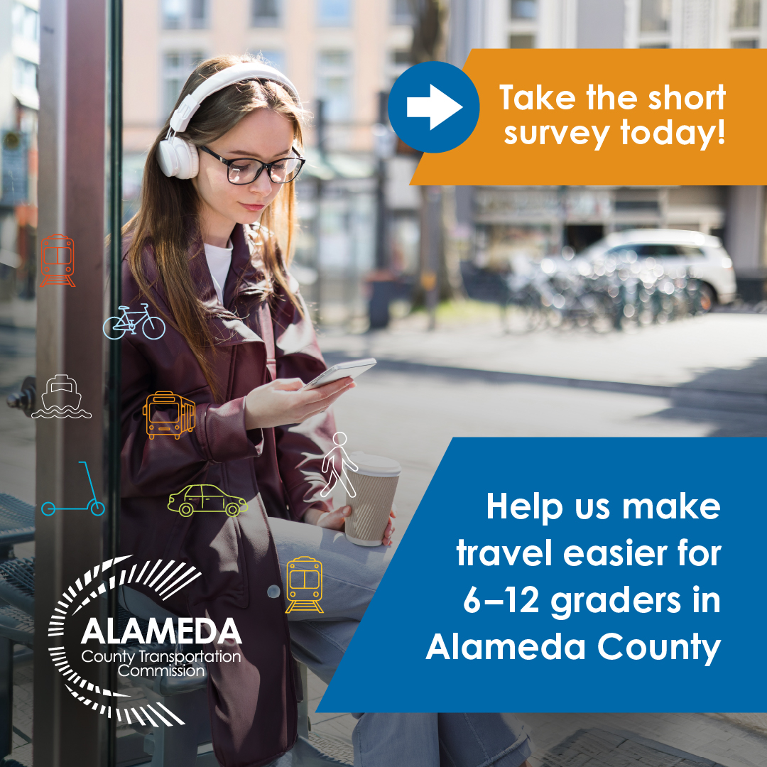 AlamedaCTC's tweet photo. How do you get around town – bus, bike, ride, carpool? 🚌🚲🚶@AlamedaCTC wants to hear from students in grades 6–12 and their caregivers. Take our 6-min survey and help shape how students get around Alameda County.

Survey:  https://t.co/e8vYO7seqC

#AlamedaCTC #AlamedaCounty #StudentTransportation