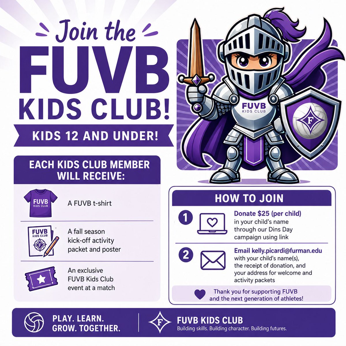 FurmanVB's tweet photo. 🎉 FUVB KIDS CLUB 🎉  
Donate $25 (per child) in your child’s name through out Dins Day campaign using link https://t.co/mXfVWIxvaT and follow the instructions below to enroll your junior Paladin and join the #FurmanFamily https://t.co/u9755NWbGj