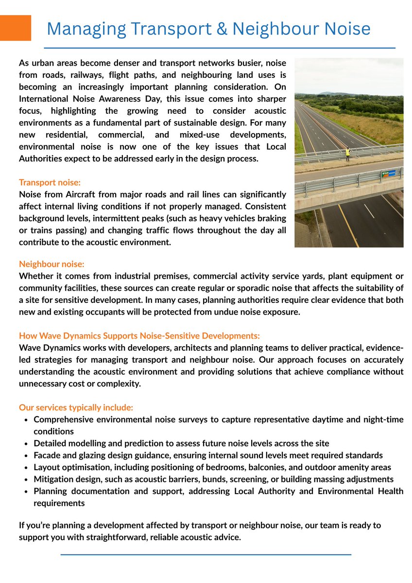 WaveDynamicsAC's tweet image. On #InternationalNoiseAwarenessDay, we’re highlighting a growing challenge across urban environments: transport and neighbour noise.

From road and rail to mixed-use developments, managing noise is no longer just best practice, it’s a compliance requirement.
#Acoustics