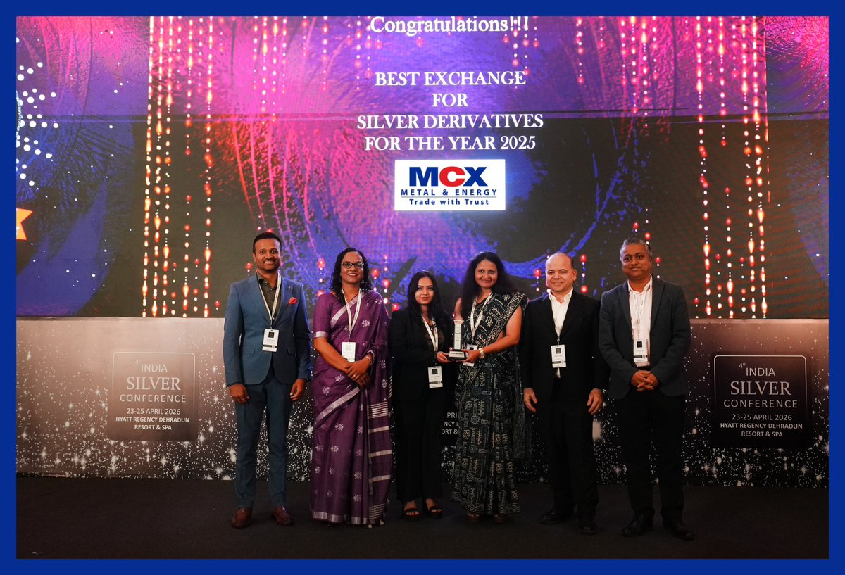 MCXIndialtd's tweet image. MCX has been honoured with the Best Exchange Award for Silver Derivatives, a recognition of trust, transparency, and market leadership.

#mcx #achievement #tradewithtrust