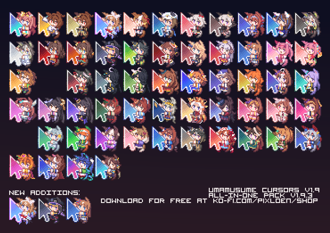 [ New Umamusume Cursor Release! ]

- Almond Eye
- Fenomeno
- Grass Wonder

Free downloads can be found in my ko-fi link! (check profile)