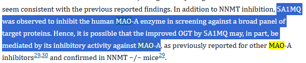 weltenherr's tweet photo. 5-amino-1MQ also isn't just an NNMT inhibitor.

When screened against a broad panel of receptors and enzymes it showed 67.4% inhibition of MAO-A at 10 μM.

MAO-A is the enzyme that breaks down serotonin, norepinephrine, and dopamine in your brain.

Inhibiting it means higher baseline levels of all three neurotransmitters without dumping reserves or blocking reuptake.

This is the same mechanism behind some of the oldest and most effective antidepressants ever made (MAOIs), except those were non-selective and came with brutal side effects.

5A1MQ appears to hit MAO-A at roughly 10x lower potency than its primary target NNMT, which means at physiological doses you're getting a mild to moderate MAO-A effect layered on top of the metabolic benefits.

So in a single compound you are getting:
1. fat loss through NNMT inhibition
2. insulin sensitization
3. fatty liver reversal
4. elevated serotonin, norepinephrine, and dopamine through MAO-A inhibition
5. improved mood and motivation as a downstream effect
6. better glucose tolerance (MAO-A inhibition independently improves this)
the researchers flagged the MAO-A inhibition as an "off-target" effect they want to optimize out in future analogs

Personally i think they accidentally stumbled on a gem.