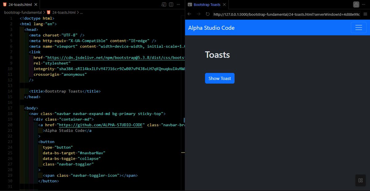 ALPHASTUDIOCODE's tweet photo. Bootstrap toasts, spinners, modals, popovers & tooltips are great components. All made possible using a few Bootstrap classes and a couple of JavaScripts.
Chek out my GitHub repo
See you guys out there!
@frontendmentor @freeCodeCamp
#WebDevelopment #zerotodeployment #BOOTSTRAP https://t.co/ND1MZGQwHG