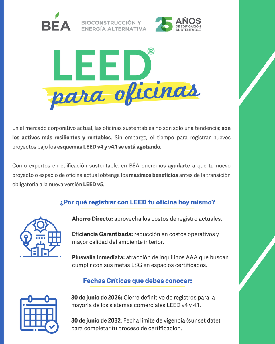 BEA_LEED's tweet image. ¡No dejes que tu oficina se quede atrás!

La certificación #LEED es el estándar global para #oficinas de clase mundial. Registra tu proyecto con BÉA antes del cierre de inscripciones de LEED v4 (junio 2026).

Más info: bioconstruccion.com.mx/pages/leed-par…

#Sustentabilidad #Resiliencia