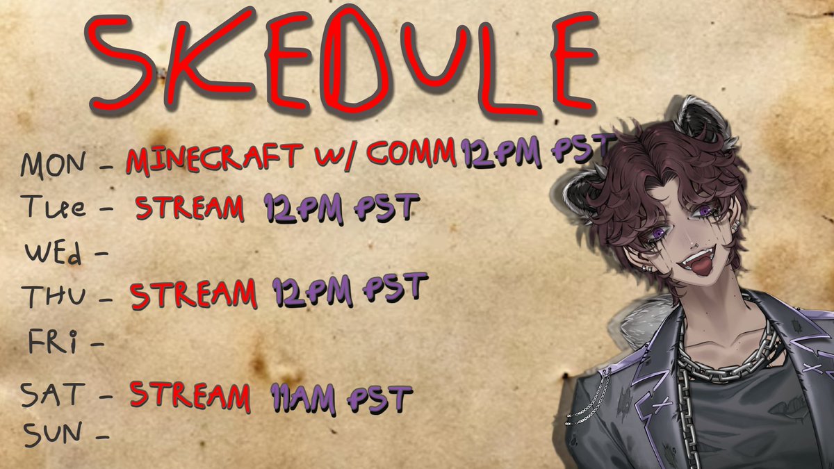 TreyBinVT's tweet photo. ~stream skedule for April 27th-May3rd~       

come join our minecraft server, collabs and spooky game 🦝

follow purpl app💜 https://t.co/hbflEsV2m5