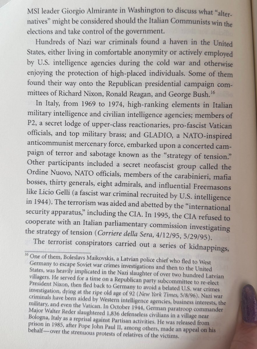 And with the manipulation and protection of allied/US occupation authorities, almost all the Italian fascists were released from prison in just a few years while hundreds of communists and other leftist partisans who fought the Nazi occupation were jailed (Blackshirts &amp; Reds)