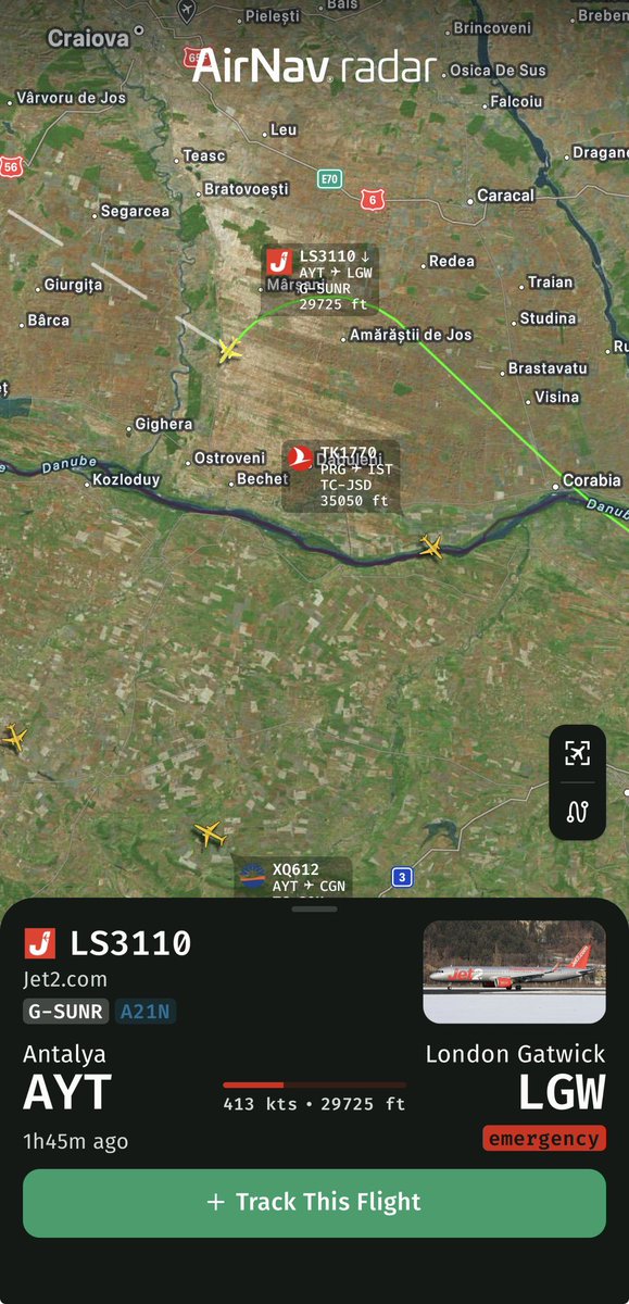 FlightEmergency's tweet photo. Jet2 flight LS3110 

AYT- LGW

Squawking 7700 (emergency) 

Track here 👉 https://t.co/h1rzc8bNgF

@AirNavRadar https://t.co/bAqXSjoioN