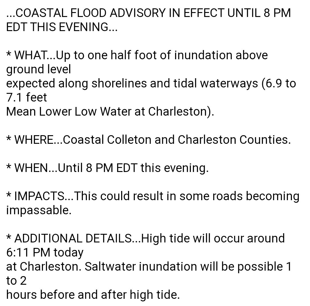 SamRobertsWX's tweet image. NEW: *Coastal Flood Advisory* for coastal Charleston and Colleton counties until 8 PM. Minor coastal flooding possible. High tide is at 6:11 PM. #scwx