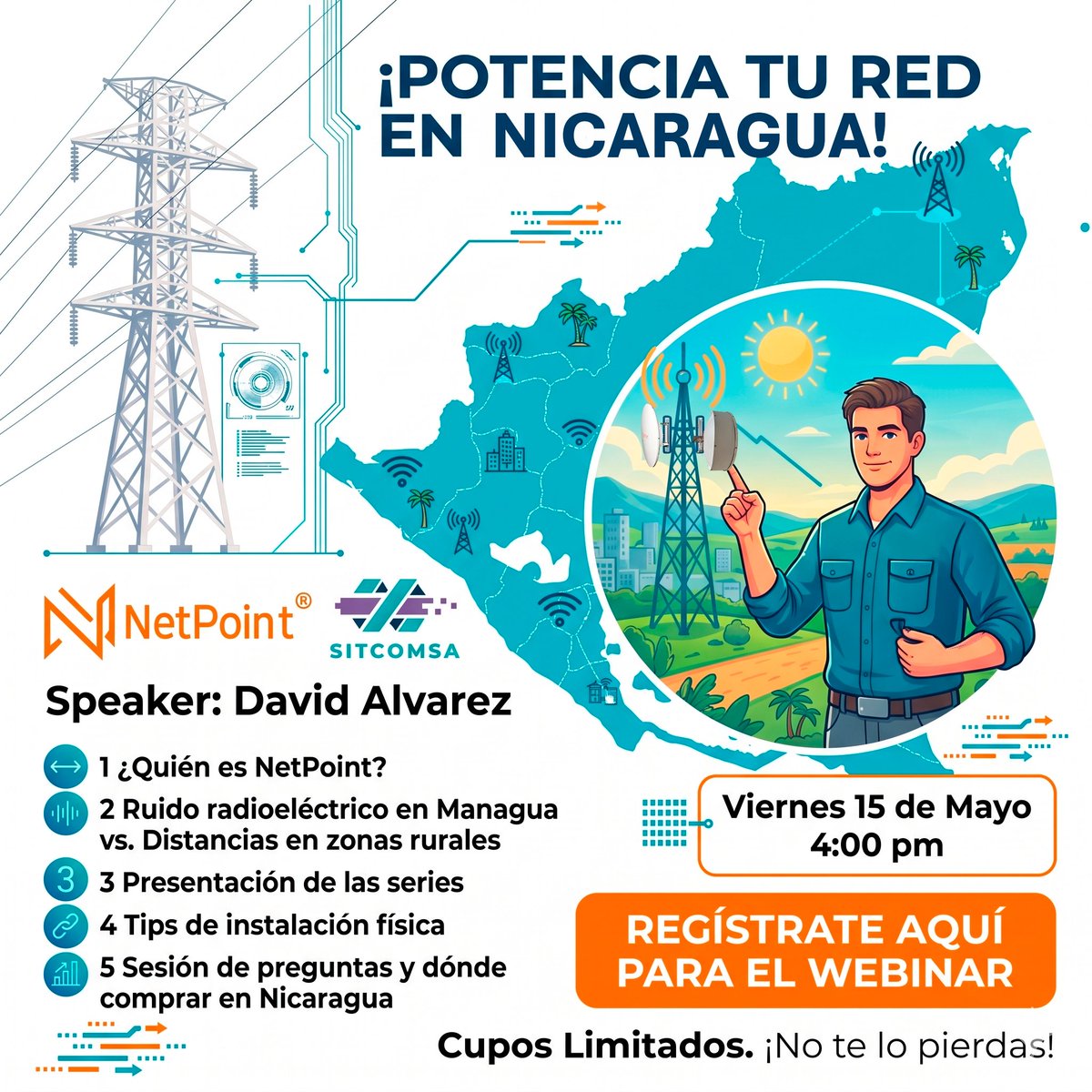 NetPointMX's tweet photo. ¿Cansado de la interferencia y los enlaces inestables? 🇳🇮📡

🗓 Fecha: Viernes 15 de Mayo
🕓 Hora: 4:00 PM 
🎙 Speaker: David Alvarez

🚀 ¡Cupos Limitados! Asegura tu lugar registrándote aquí:
https://t.co/F7mYVbywAW https://t.co/1ZphdCxNqF