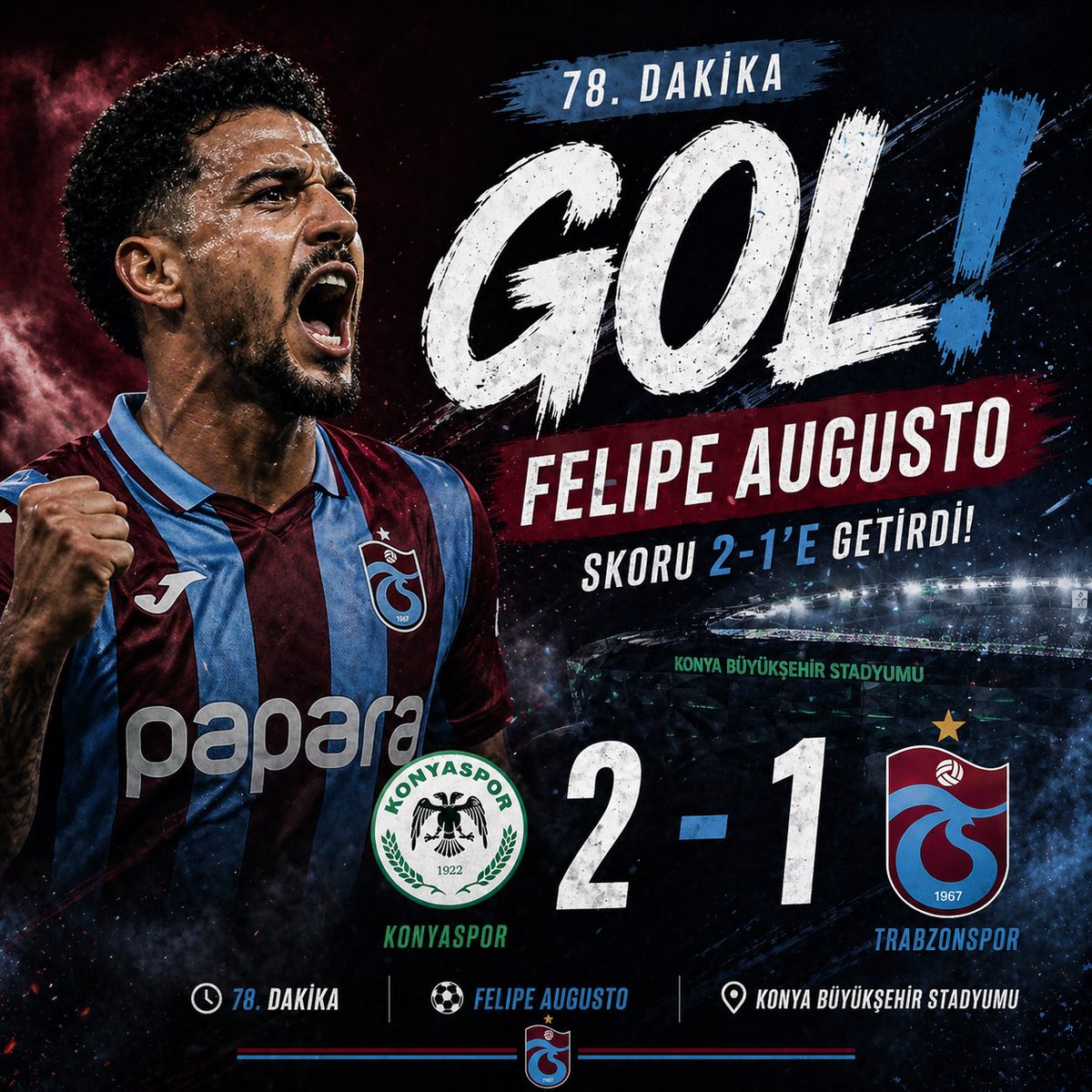 TepukSocial's tweet photo. Felipe Augusto 78. Dakika da skoru 2-1 e getirdi. #trabzonspor #konyaspor https://t.co/WpkOpD9Jdk