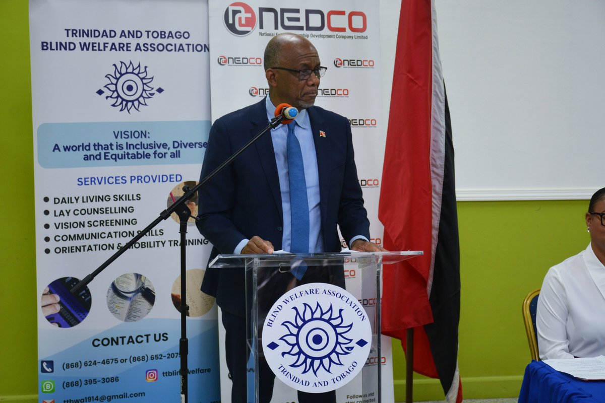 LabourGovTT's tweet photo. Senator the Honourable Leroy Baptiste delivered the Feature Address this morning at the launch of the Pilot Entrepreneurship Training Programme for Blind and Visually Impaired Persons held at the Blind Welfare Association Building, Pax Vale, Upper Santa Cruz. https://t.co/jFHBMgPsxc