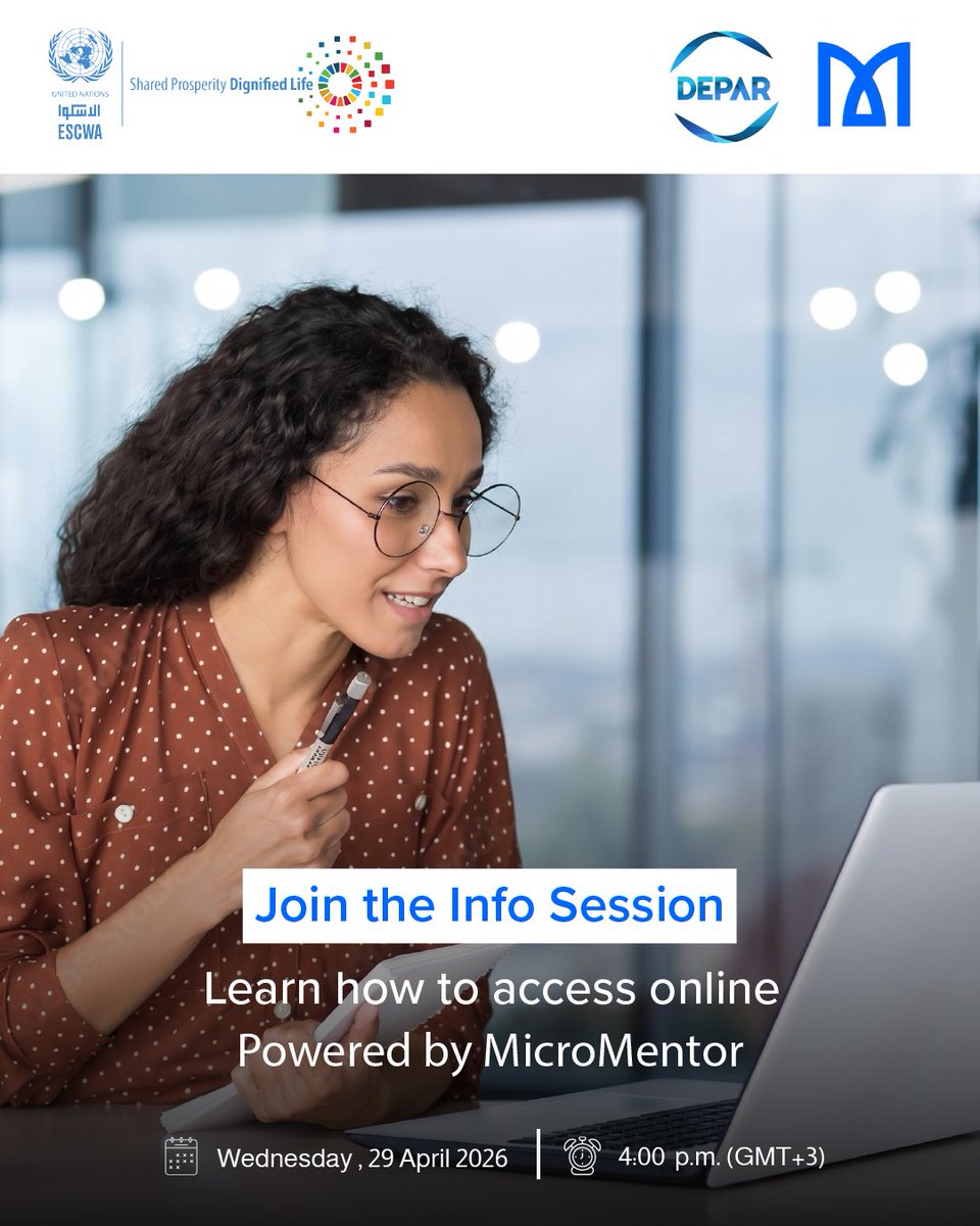 UNESCWA's tweet image. The #ESCWA Digital Enabling Platform in the #Arab Region (#DEPAR) is holding an online session to introduce its MicroMentor feature. Join us to learn how to connect with experienced mentors and experts to support your business growth.

📅 29 April
⏰ 4:00 p.m. (Amman time)