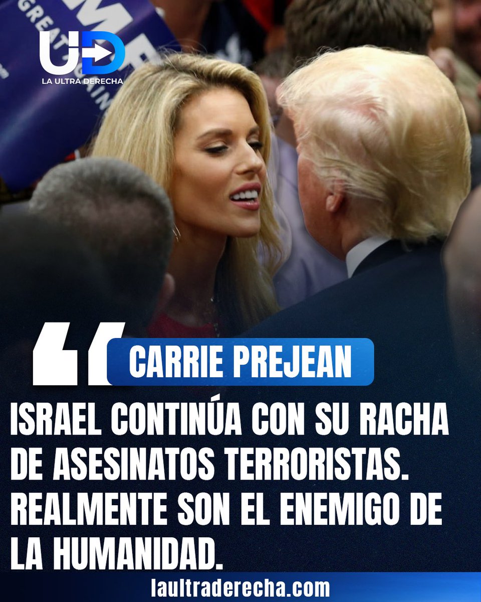 🇺🇸|🚨#VIRAL La exreina de belleza católica Carrie Prejean aseguró en X que Israel continúa con una racha de “asesinatos terroristas”, calificándolo como enemigo de la humanidad. 

Sus declaraciones se viralizaron a nivel internacional, convirtiéndose rápidamente en una de las