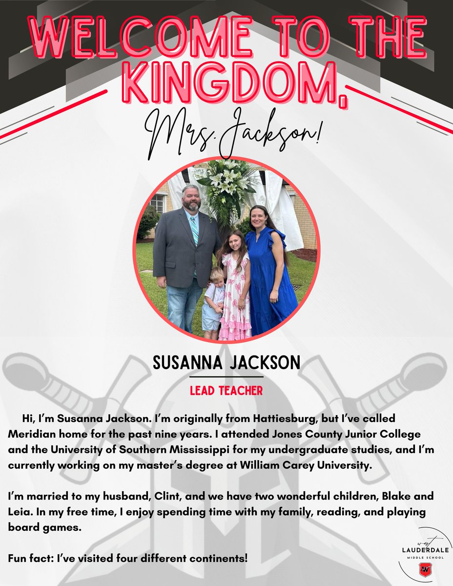 LauderdaleCSD's tweet photo. Join us in welcoming Mrs. Susanna Jackson to @WLMiddleSchool for the 2026–2027 school year as our Lead Teacher! https://t.co/Pr5Yv65vOn
