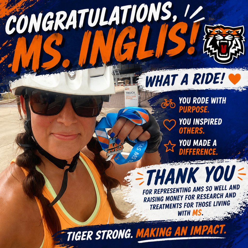 HumbleISD_AMS's tweet photo. 🚴♀️ SHE DID IT!
Congrats to Ms. Inglis on completing the MS-150 💙
Riding with purpose. Inspiring others. Making a difference.
#TigerStrong #EndMS #OverAndBeyond https://t.co/apbBe1bVqR