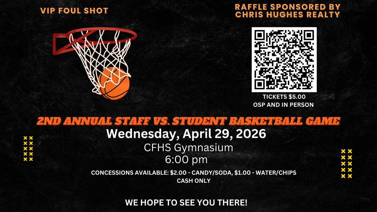 CForgeEagles's tweet image. 🏀 The teams are set for the 2026 2nd Annual Staff vs. Student Basketball Game!  🎟️ Tickets are $5—grab yours online via OSP or buy in-person. 🍿 Concessions available for $1 and $2 (cash only). Don’t miss out on this fun-filled event—see you there! 💚🦅 #ForgeFamily #GameDay